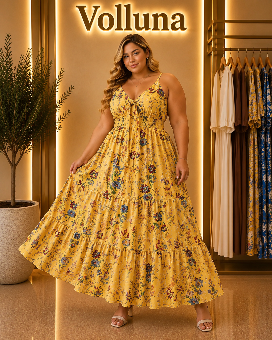 Blumenprint Träger-Kleid Gelb Plus Size