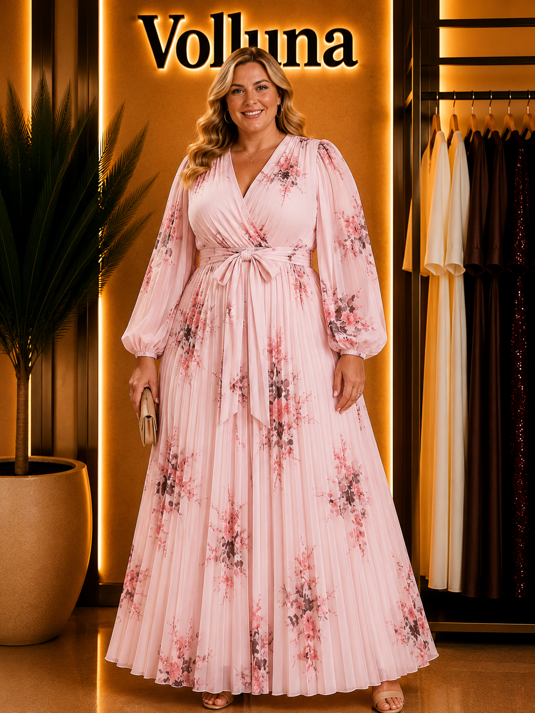 Weißes Chiffon-Maxikleid | Plus Size | Rosa