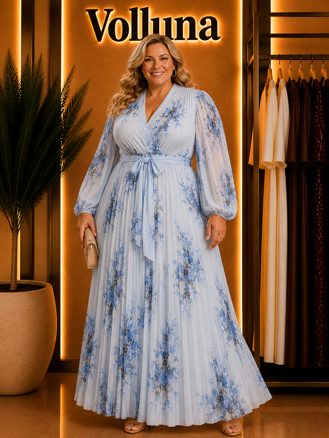 Weißes Chiffon-Maxikleid | Plus Size | Blau