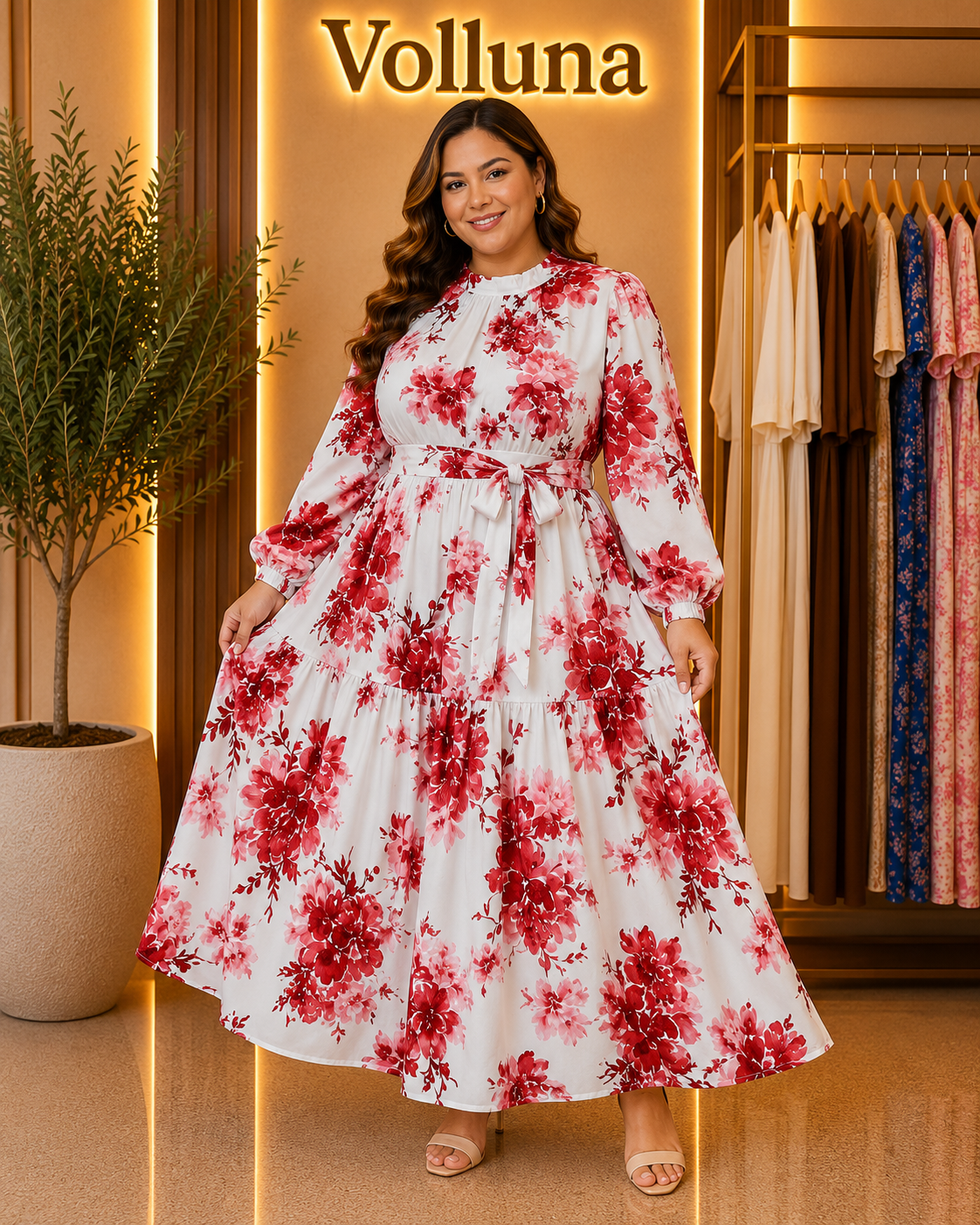 Florales Maxi-Kleid mit Bindegürtel | Plus Size