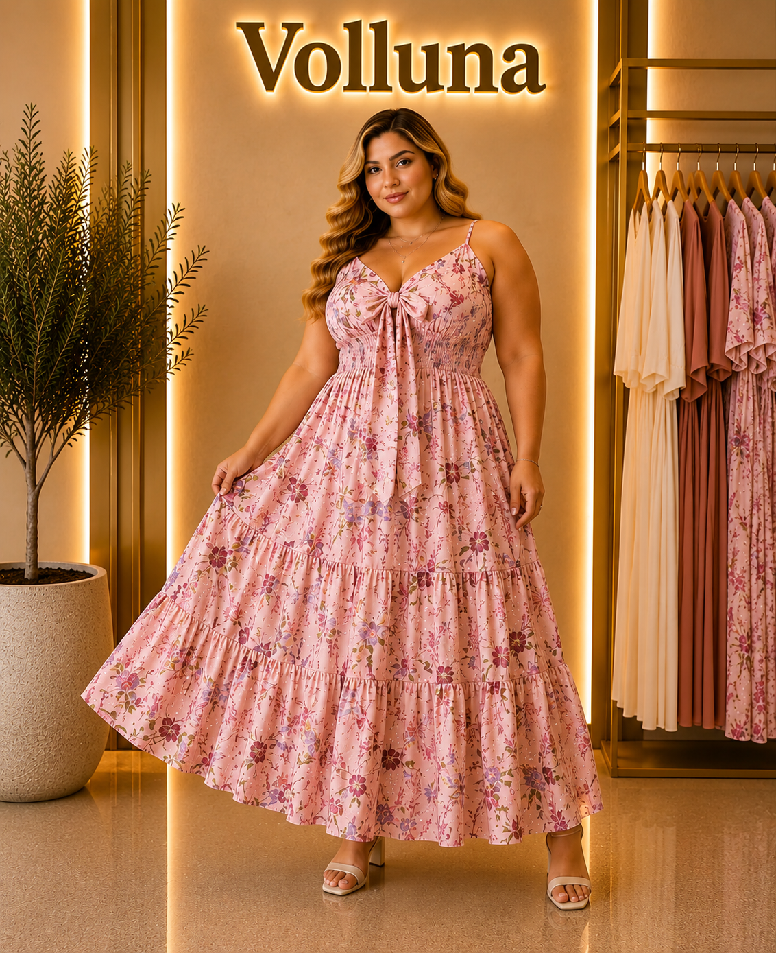 Blumenprint Träger-Kleid Rosa Plus Size