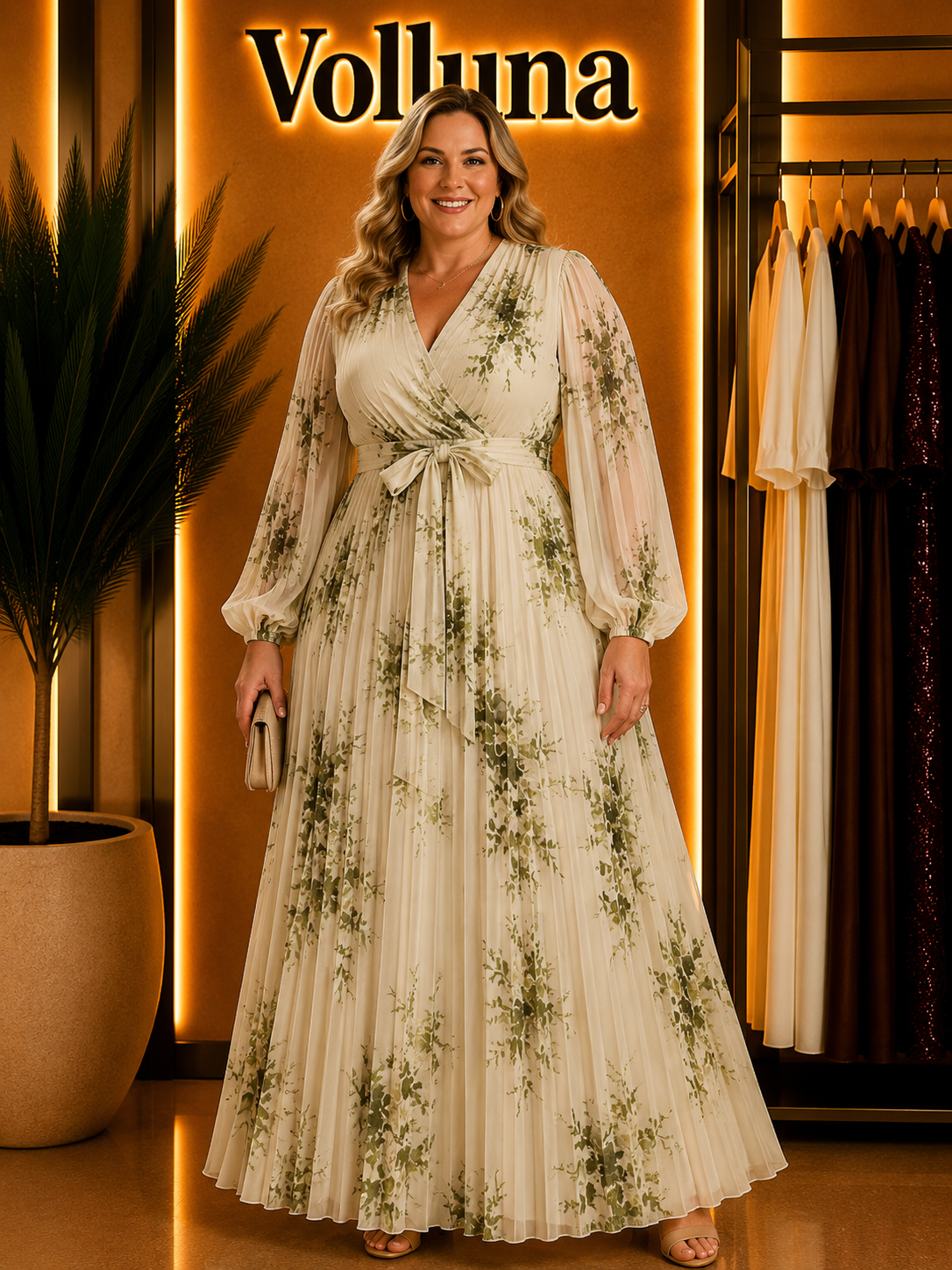 Weißes Chiffon-Maxikleid | Plus Size | Olivgrün