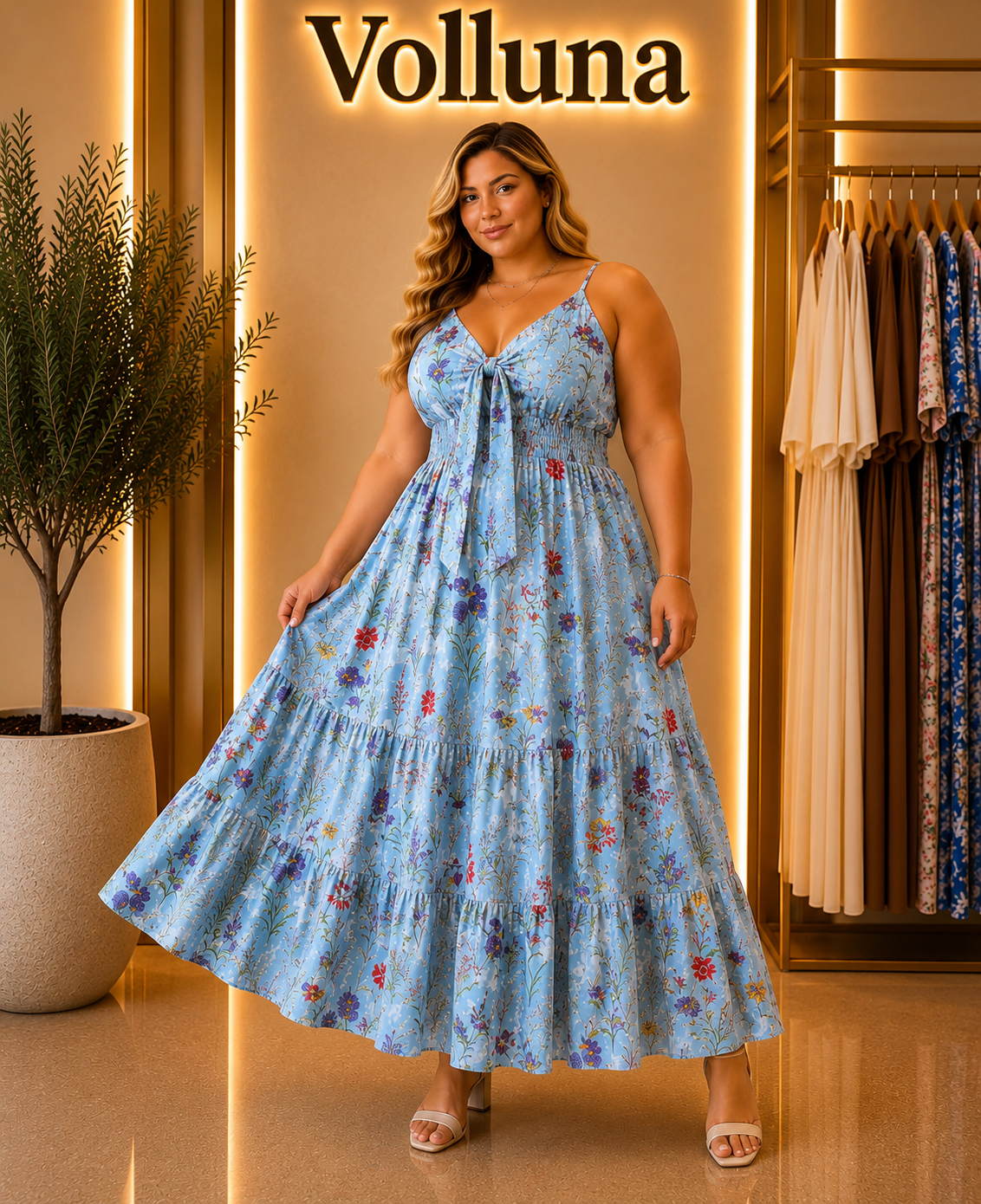 Blumenprint Träger-Kleid Blau Plus Size