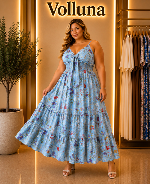 Blumenprint Träger-Kleid Blau Plus Size
