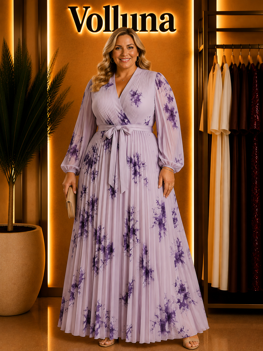 Weißes Chiffon-Maxikleid | Plus Size | Lila