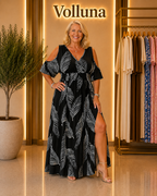 Maxi-Kleid mit Federprint und Cold-Shoulder | Plus Size