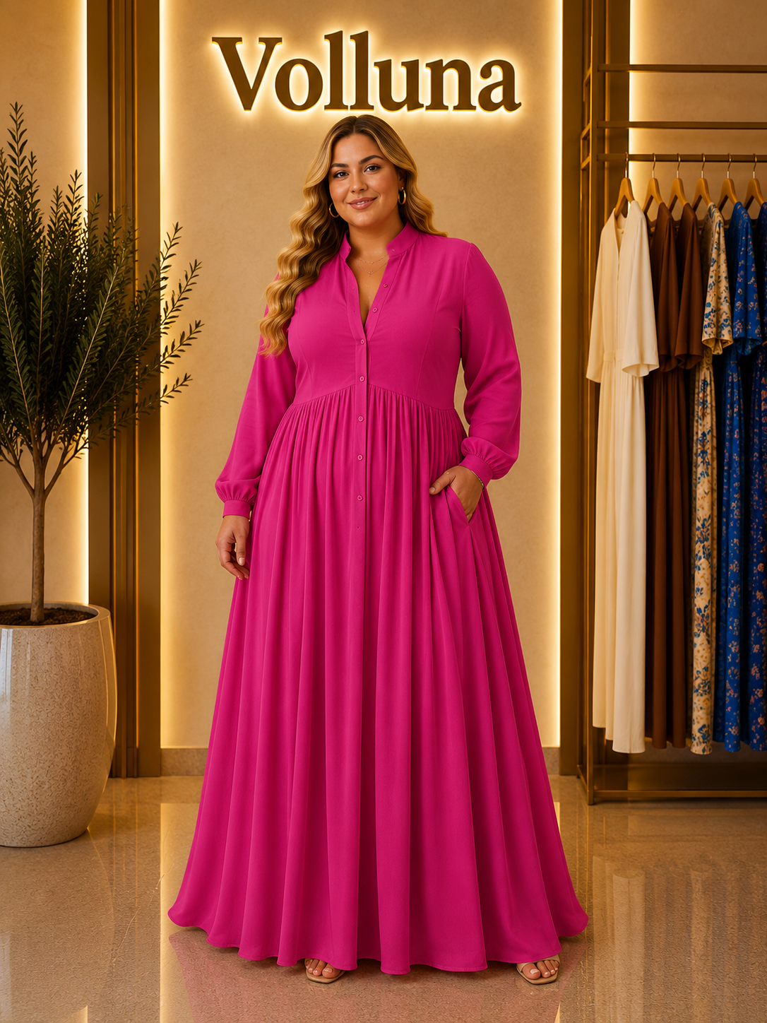 Fließendes Maxi-Kleid mit Knopfleiste | Plus Size