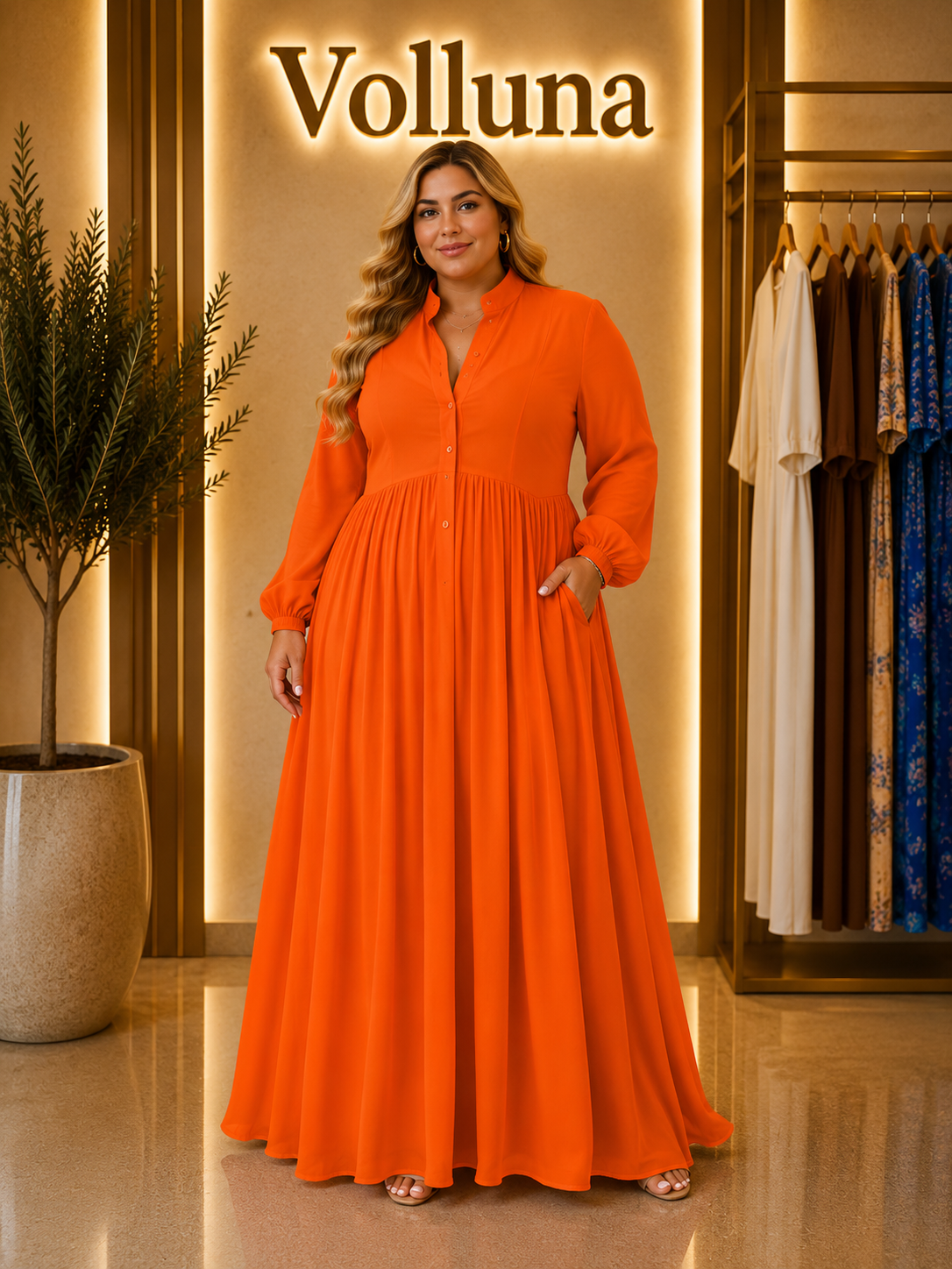 Fließendes Maxi-Kleid mit Knopfleiste | Plus Size