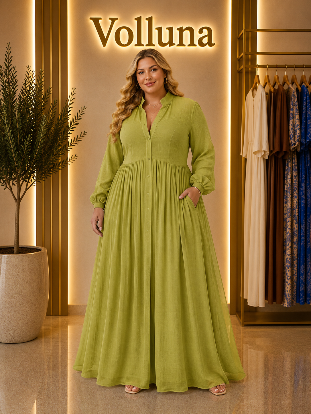 Fließendes Maxi-Kleid mit Knopfleiste | Plus Size