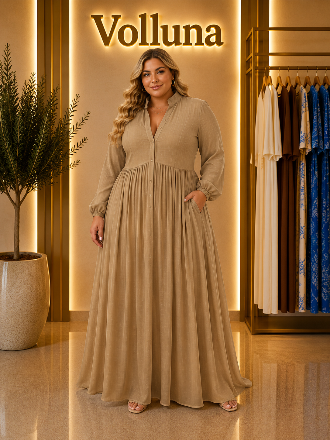 Fließendes Maxi-Kleid mit Knopfleiste | Plus Size