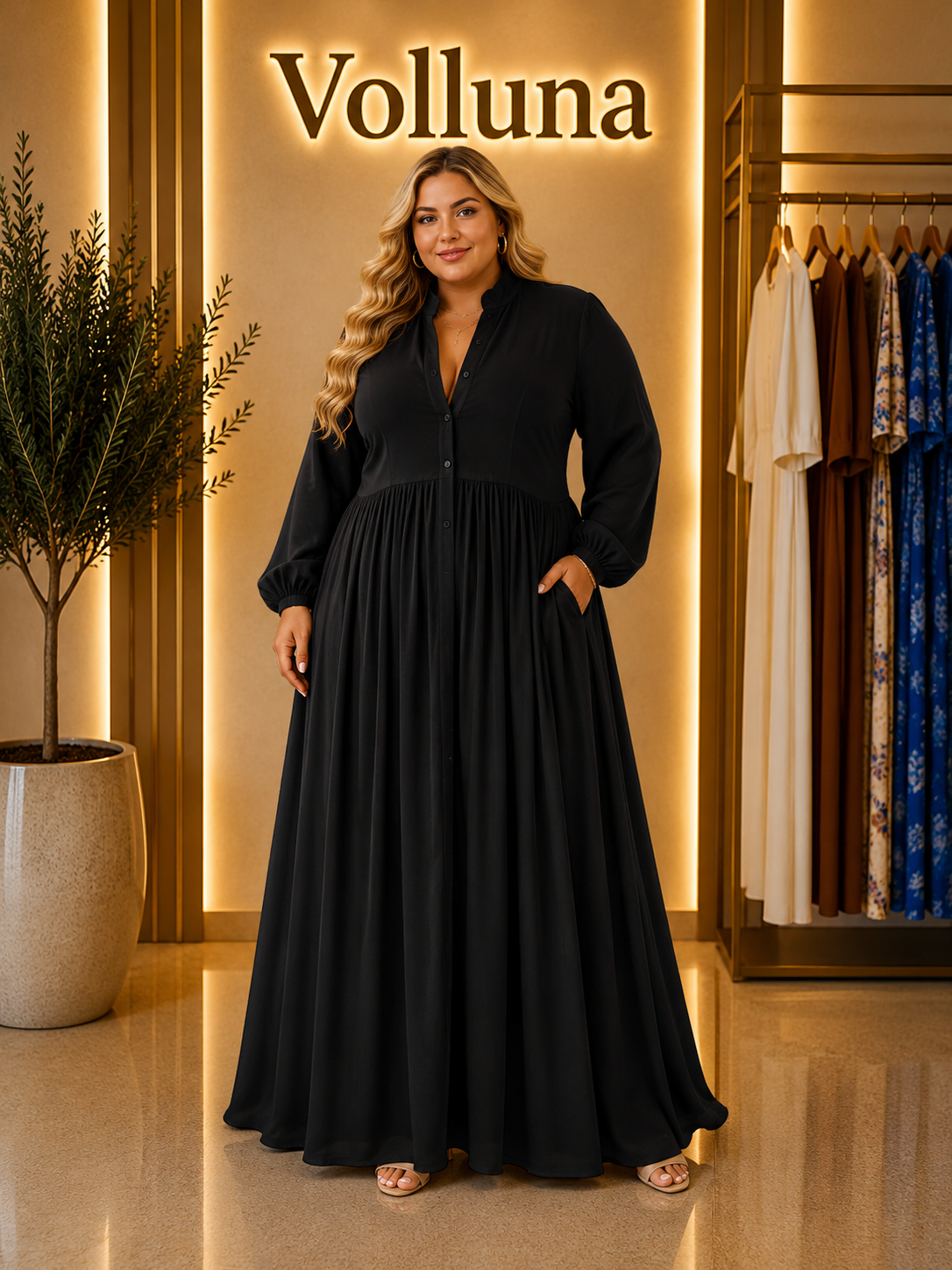 Fließendes Maxi-Kleid mit Knopfleiste | Plus Size