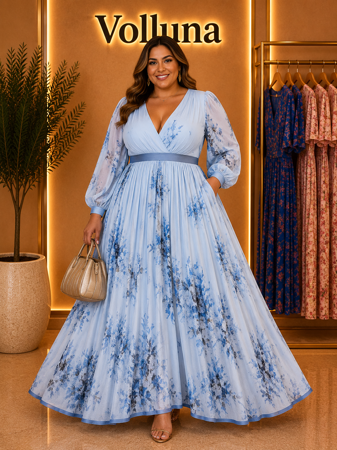 Weißes Chiffon-Maxikleid mit Ballonärmeln | Plus Size
