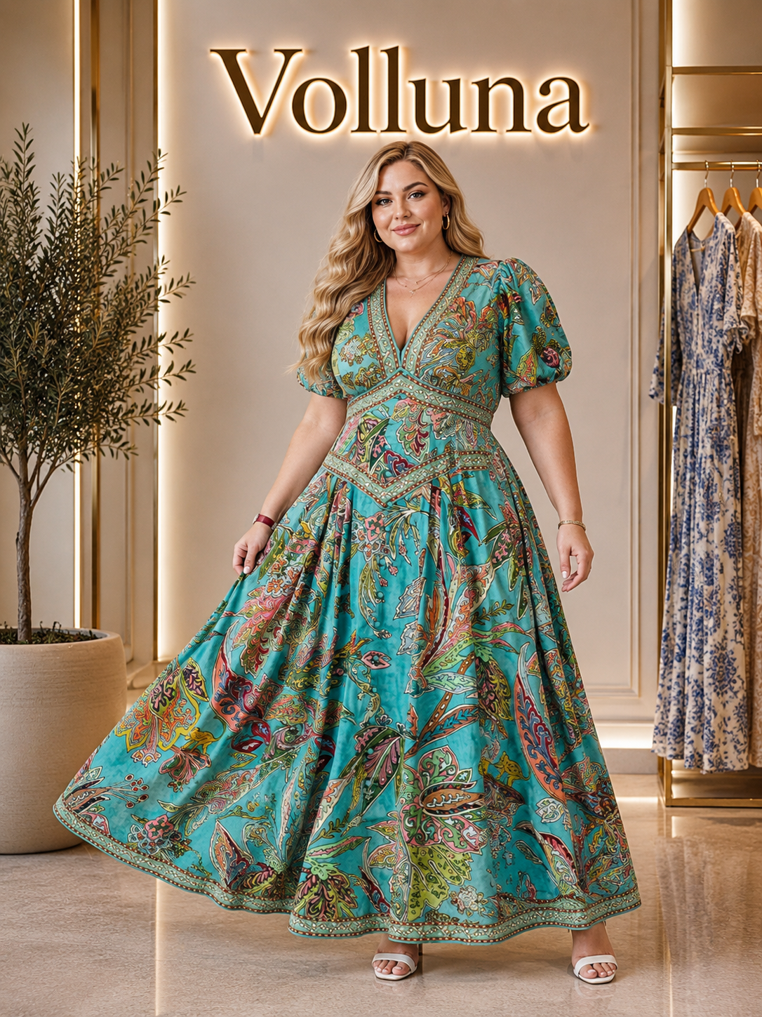 Luftiges Maxi-Kleid mit Puffärmeln | Plus Size