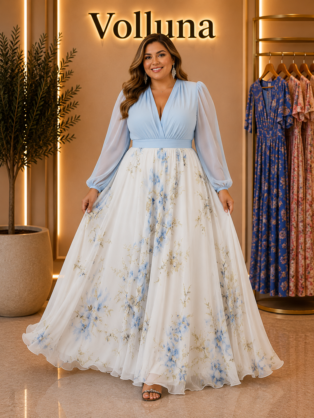 V-Ausschnitt Maxi-Kleid mit Blumendruck | Plus Size