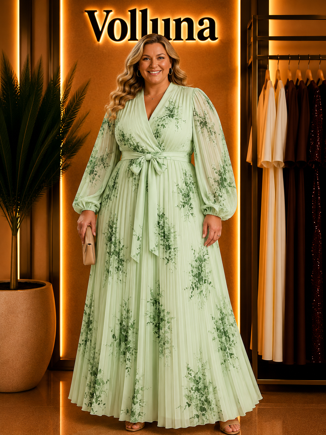 Weißes Chiffon-Maxikleid | Plus Size | Grün